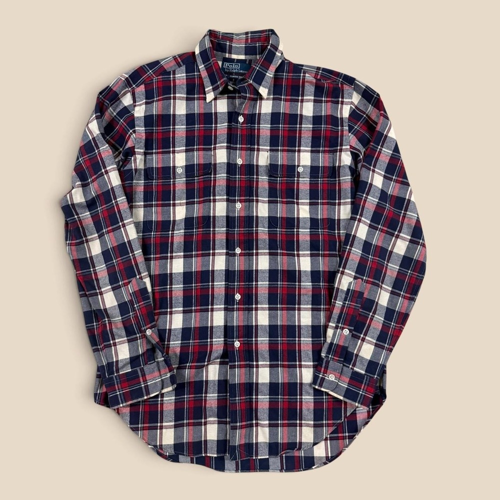 Vintage Polo Ralph Lauren Flannel Shirt Medium Plaid Two Pocket Missing Button